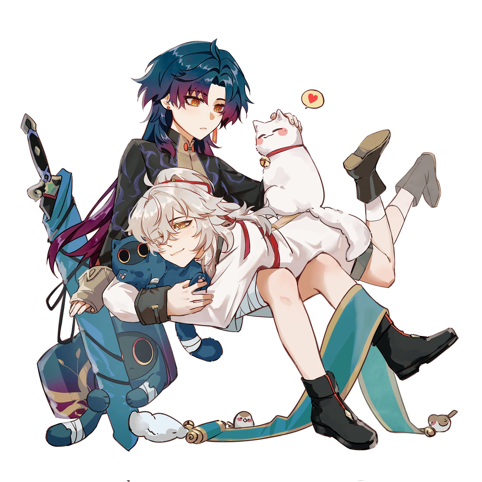 this is an anime style illustration of two boys holding each other in a loving embrace. the boy on the bottom has white hair and is wearing a white shirt with a red ribbon. he is hugging a blue and black cat. the boy on top has dark blue hair and is wearing a black and purple outfit. he is holding a white cat.  they are both sitting on a blue and green scroll with a sword behind them. the background is white.