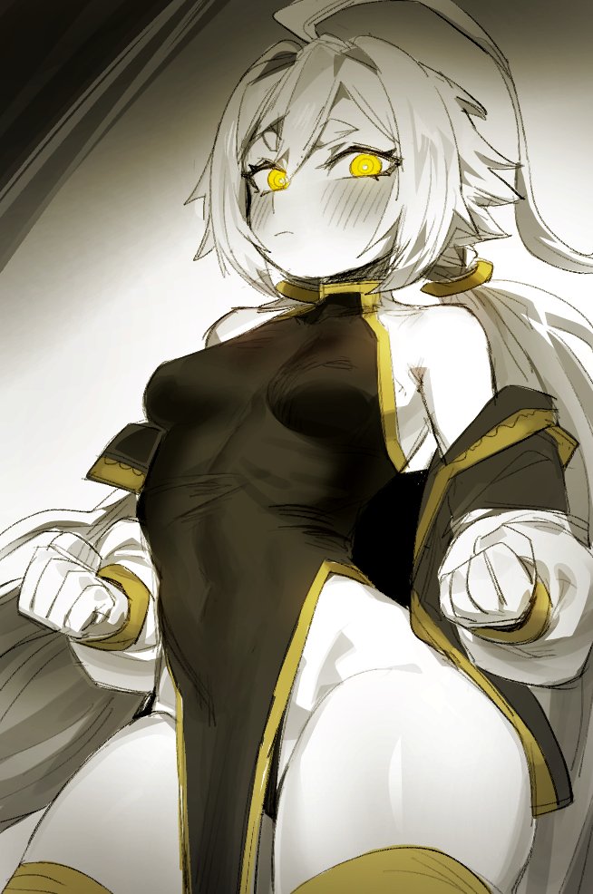 an anime style drawing of a young woman with white hair, yellow eyes and a black dress standing with a cute, worried expression.