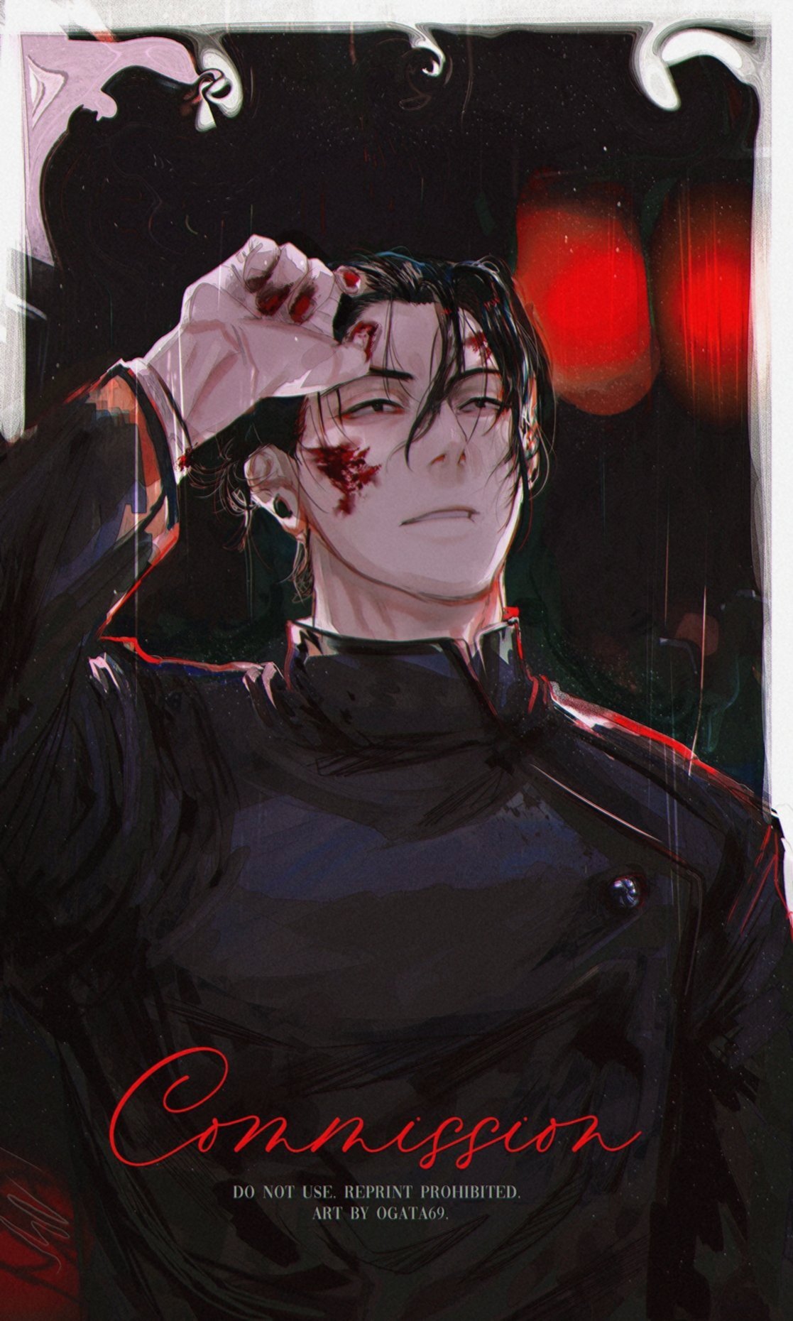 the image is a digital illustration of an anime male character with black hair and red eyes. he is wearing a black jacket and has blood on his face and hand. he is looking at the viewer with a serious expression. the background is dark and there are red lights in the background.