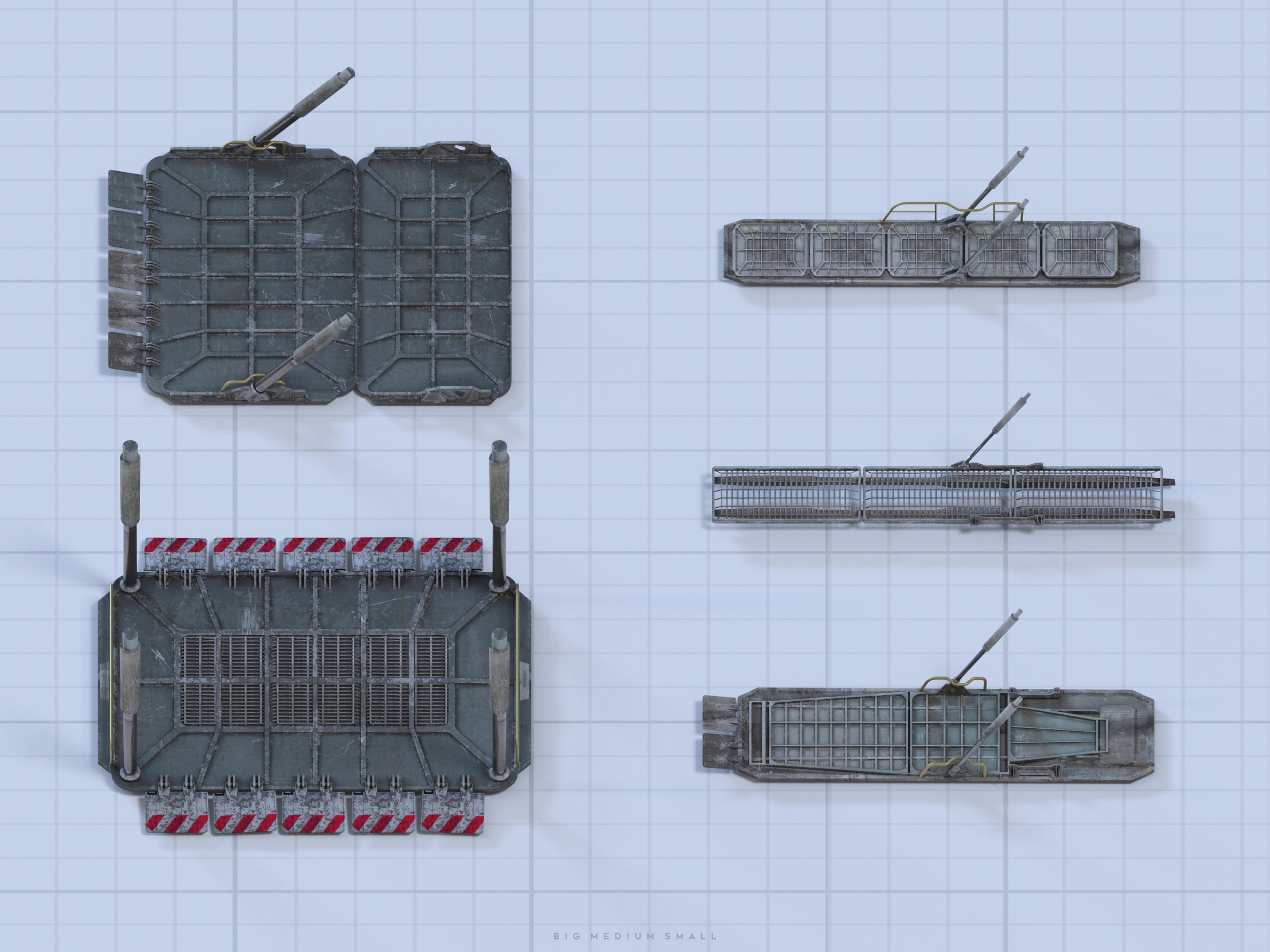 an overhead shot shows four different sizes of metal platforms, possibly for industrial or scifi settings.  the platforms feature grated surfaces, aged metal finishes, and mechanical components. they are arranged on a grid background to illustrate a size comparison, labelled "big medium small".  the overall style is industrial and slightly futuristic.