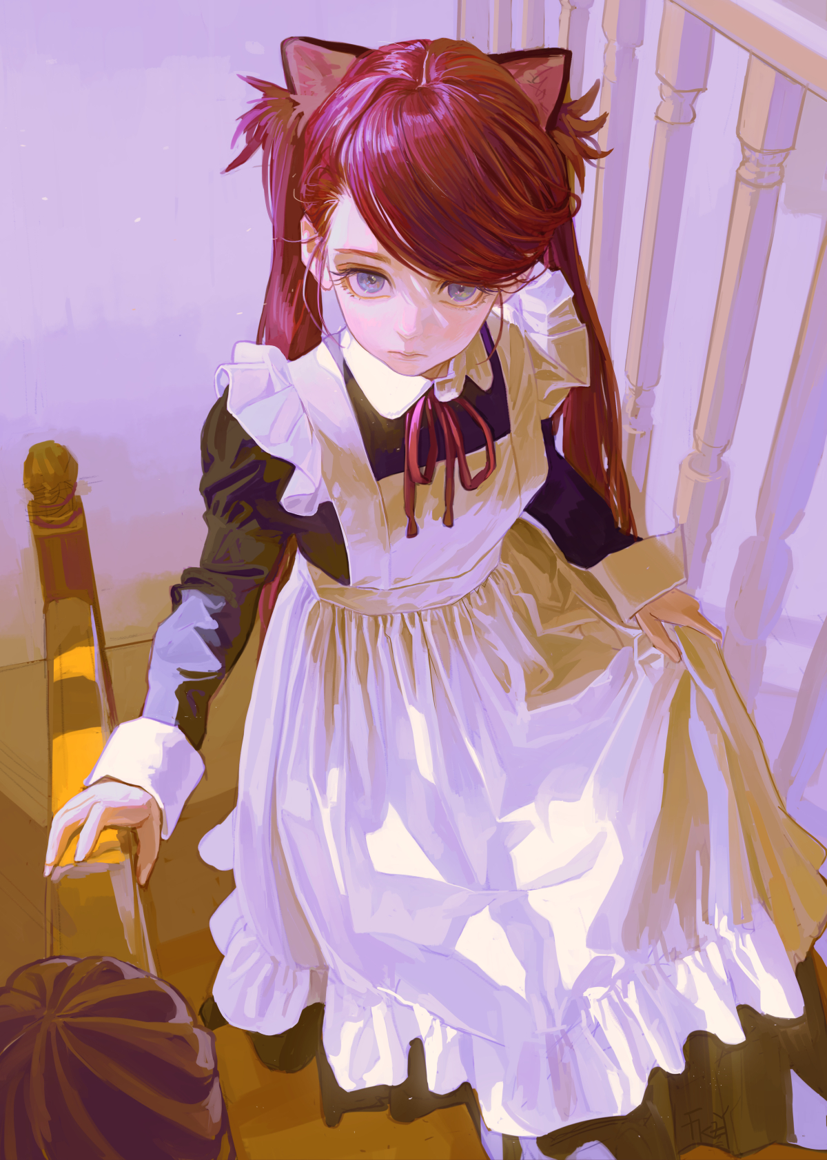 a girl with red hair and cat ears is wearing a maid outfit and standing on stairs looking up.