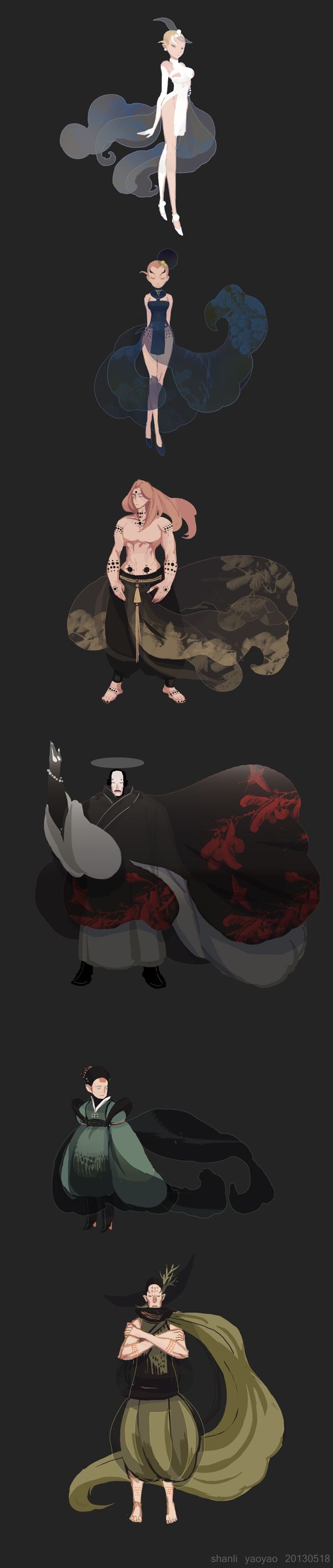 a digital illustration depicting a series of different fantasy characters stacked on top of one another. each character is drawn in a unique style with their own distinct appearance and personality. the illustration is full of detail and captures the imagination with its whimsical and imaginative nature.  the characters are presented in a vertical layout, starting with a white clothed female figure at the top, and ending with a hooded male figure at the bottom.  the image evokes a sense of mystery and adventure, inviting viewers to explore the rich and complex world that the artist has created.