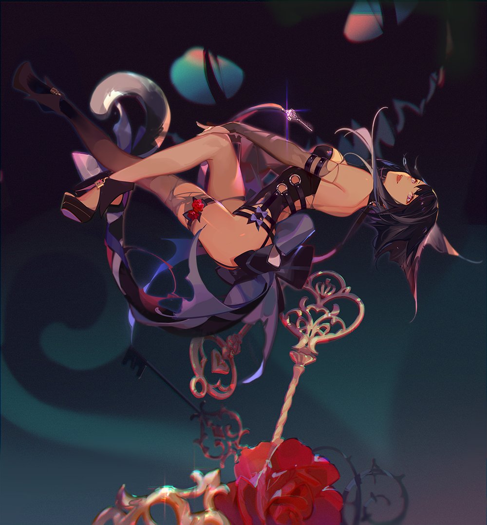 illustration of a woman in a dark fantasy style dress, wearing high heels, floating above roses and keys.