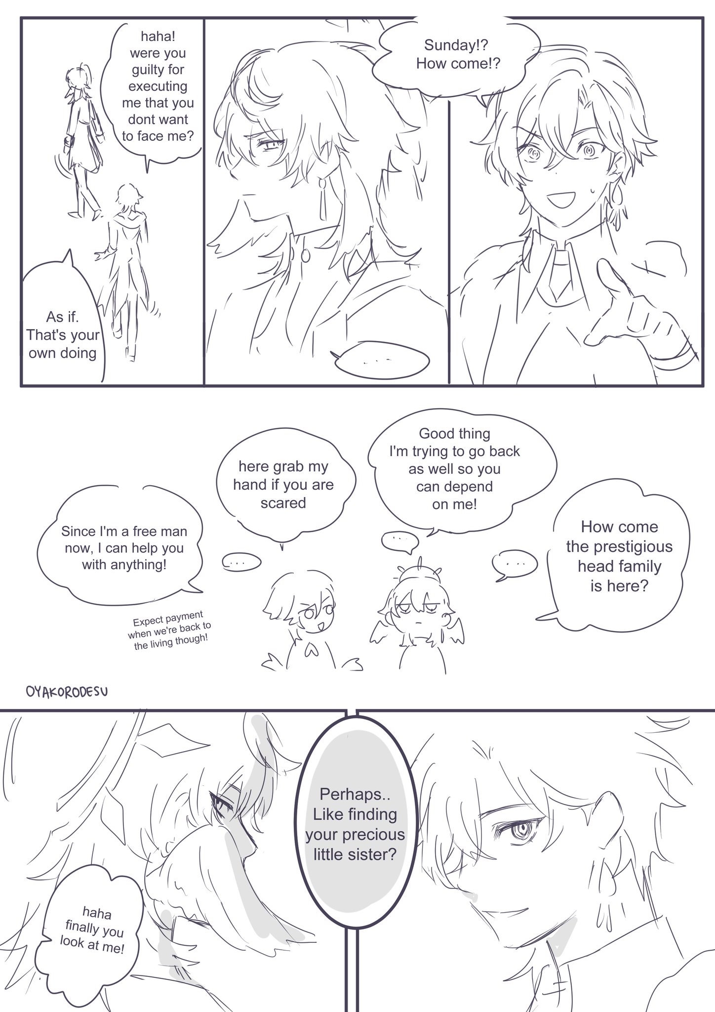 this is a comic book panel from a manga series where two male anime characters are having a conversation. one of the characters is holding a younger boy in his arms while talking to the other male character. this boy is said to be the precious little sister that the man was searching for. the two men seem to be happy to be reunited, but there seems to be some underlying tension and suspicion based on the dialogue. the man holding the boy claims to be a free man now and can help the other man with anything.
