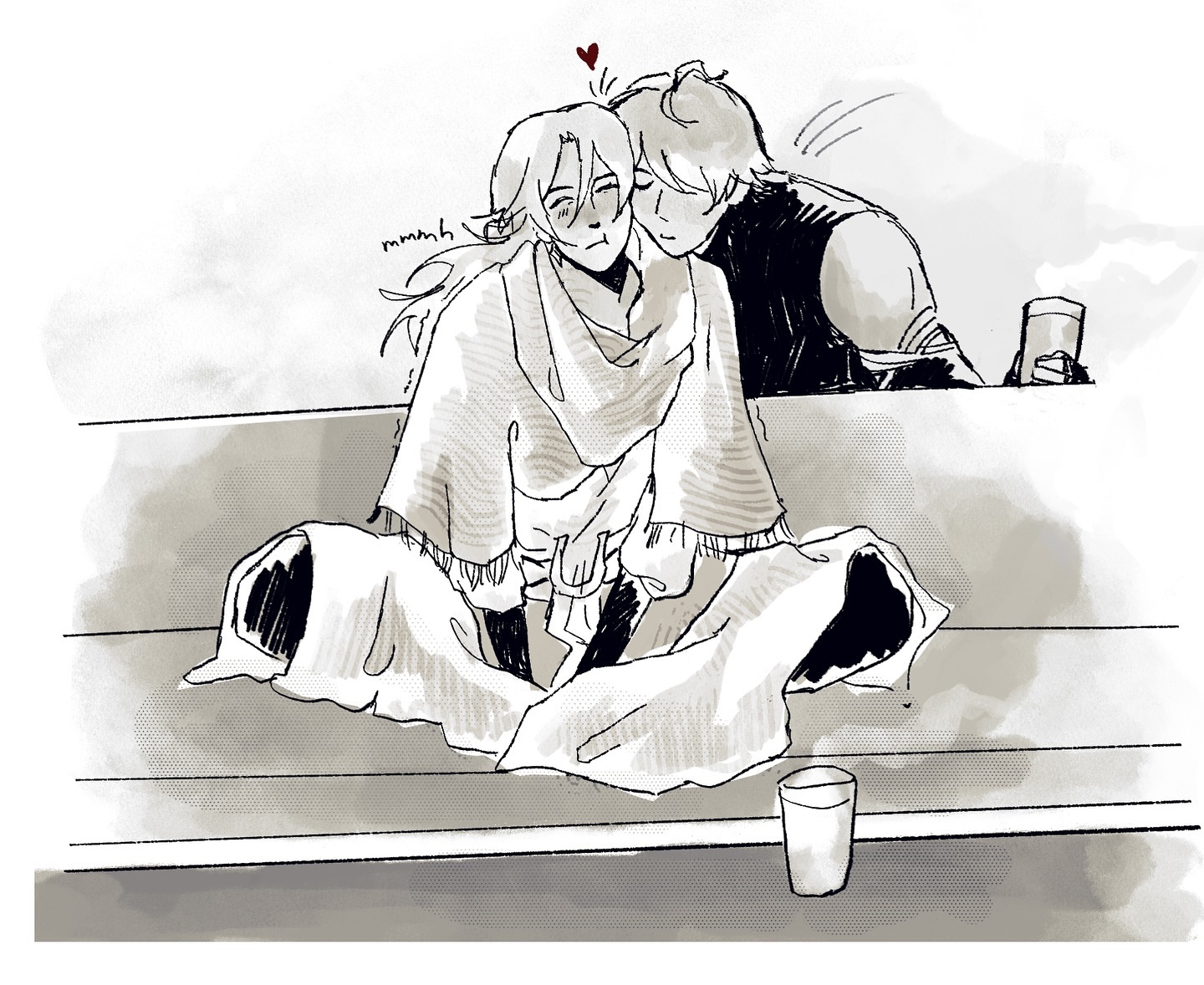 he image is a monochrome sketch or drawing depicting two men in a tender embrace. they appear to be sitting on a bench, one with their arm around the other, appearing affectionate and intimate. the style is reminiscent of anime or manga, with soft, fluid lines and shading that conveys a sense of warmth and coziness. two glasses are visible nearby on the bench. the overall feel of the artwork is romantic and heartwarming.