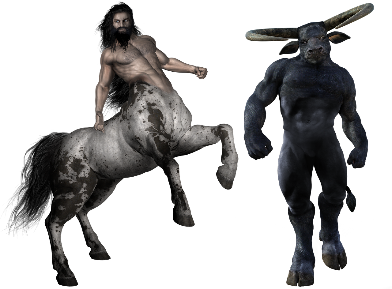 the image features a centaur and a minotaur against a black background. the centaur, a creature with the upper body of a man and the lower body of a horse, is depicted with a muscular torso and a speckled horse body. he has a dark beard and appears to be in a dynamic pose. to the right is a minotaur, a creature with the body of a man and the head of a bull. he is also muscular and has large, curved horns.