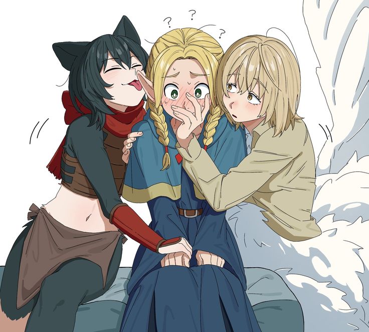 this is an illustration of three anime girls. the girl in the middle has blonde hair with pigtails and is wearing a blue and yellow robe. the girl on the left has black hair with cat ears and is wearing a black and brown outfit. the girl on the right has long blonde hair and is wearing a tan jacket. the girl in the middle is blushing and