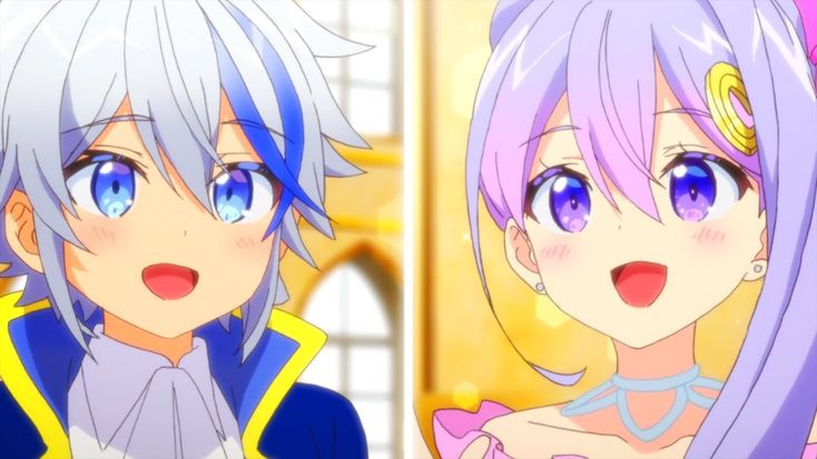 the image shows a male and female anime character, likely a couple, drawn in a brightly colored anime style. both characters are blushing and smiling with their mouths open, suggesting happiness and excitement. they appear to be indoors, potentially within a castle or grand hall, as indicated by the ornate background.