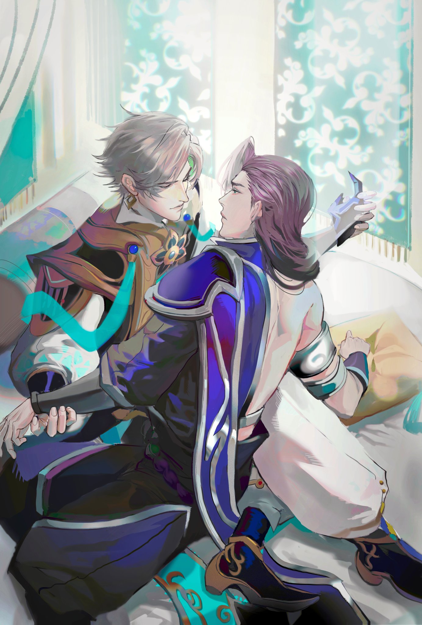 the image is a digital illustration depicting two anime boys in a romantic embrace. the boy on the left has silver hair and is wearing gold, blue, and teal clothing. he has his arm around the boy on the right, who has purple hair and is wearing white and blue clothing. the couple is sitting on a bed, and the background is a bedroom with a window and floral curtains. the image is filled with soft light, and the boy on the left looks directly at the viewer with a gentle expression, while the boy on the right gazes up at him with an affectionate smile. the overall tone of the image is sweet and romantic.