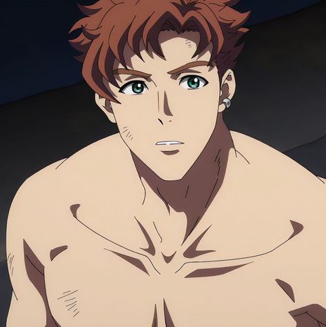 this is a digital illustration of a muscular, shirtless, anime man with red hair and green eyes. he has an earring in his left ear and appears to have some scarring across his chest and face.  the background is a dark, undifferentiated color.