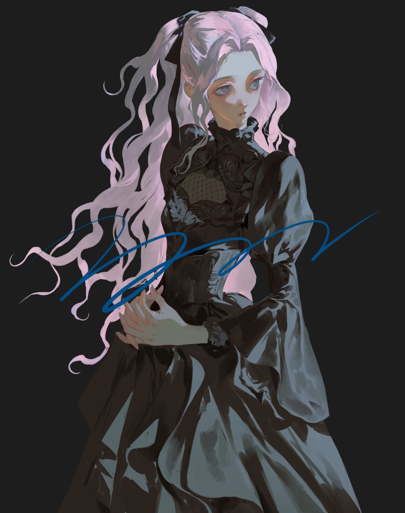 this is a digital art illustration of an anime girl with pink long wavy hair. she is wearing a black dress with a black lace top. she is looking to the side with a thoughtful expression. the background is a dark grey.