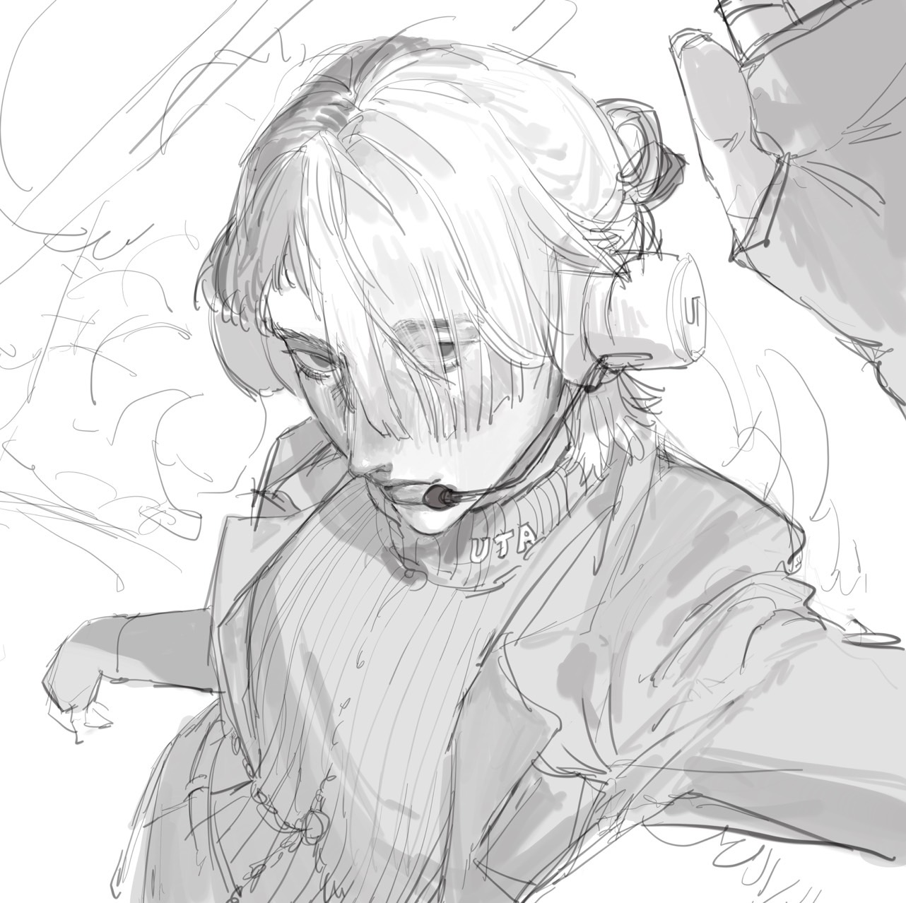 this is a dynamic, black and white sketch of uta from one piece film red. the perspective is from a low angle, giving a sense of movement as if the character is reaching towards the viewer. uta is wearing headphones with a microphone attached and has their signature hairstyle with two buns. the drawing style is loose and expressive, using varying line weights to create depth and form.