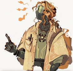 a digital illustration of an original character with long, flowing hair partially obscuring their face. they're dressed in a longsleeved shirt and dark pants, sporting a backpack slung over one shoulder. the character is adorned with goggles pushed atop their head and a black mask concealing their lower face. with one gloved hand, they gesture a pointing motion.