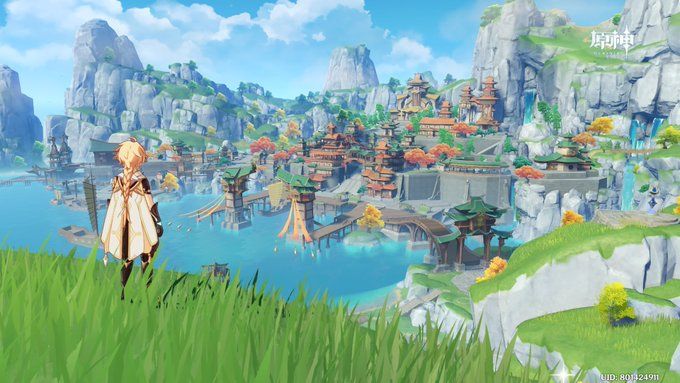 a scenic view from genshin impact's inazuma region.  the image shows razor, a playable character in the game, standing in tall grass overlooking a picturesque harbor town nestled amongst mountains and waterfalls.  the architecture is distinctly asianinspired, with traditionalstyle buildings and pagodas visible.  the overall style is vibrant and colorful, characteristic of the game's art style.  the scene is peaceful and tranquil.