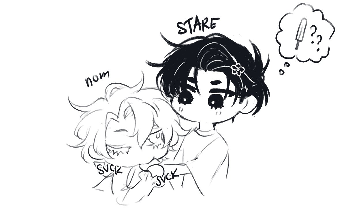 this is a black and white drawing of two anime boys. the boy on the left is hugging the boy on the right. the boy on the right is staring off to the side and has a thought bubble above his head with a popsicle inside. there is text in the drawing showing what they are thinking and feeling, including "nom," "stare," "suck," and "?".