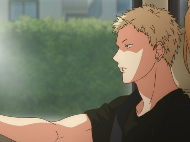 this is an anime still of a young male character with blond hair. he is wearing a black shirt and has a serious expression on his face. he is looking away from the camera and sitting in a car. the window of the car is visible behind him, and the background is blurred, showing green foliage. sunlight shines through the window. he is wearing an earring in his right ear.