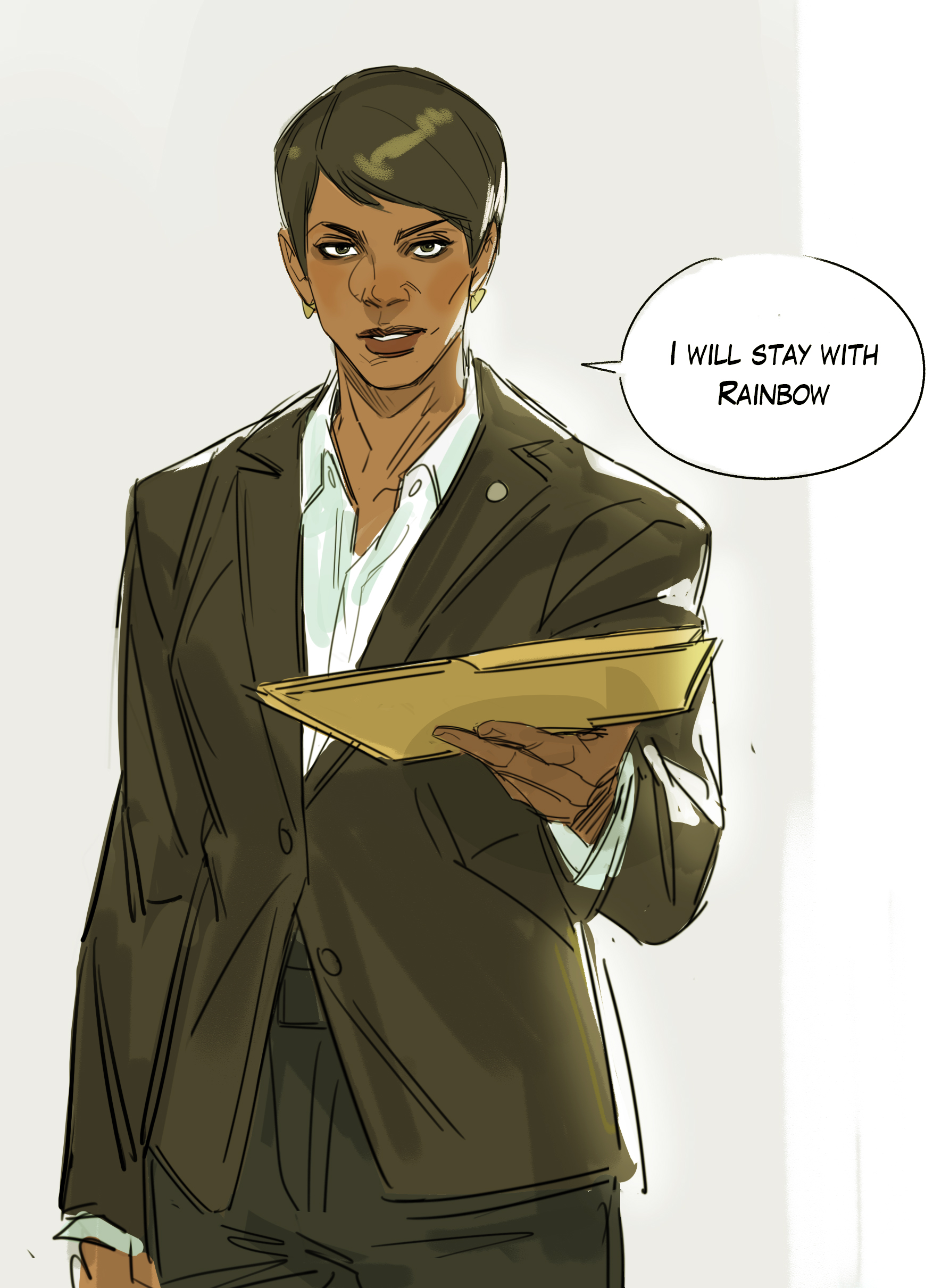 a stylized illustration or comic panel depicts a woman of color in a dark suit holding a folder. she has short hair, a serious expression and is standing against a light background. a speech bubble indicates she plans to stay with "rainbow," suggesting she is associated with a team or organization. the style is somewhat rough and sketchy, typical of concept art or comic book illustrations.  the image evokes a sense of professionalism and resolve.
