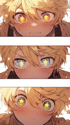 the image features three panels showcasing the same blonde anime boy with sparkling, starshaped highlights in his eyes. he has a flushed, blushing expression in each panel, suggesting excitement or shyness.  the art style is soft and expressive, with a focus on the character's eyes and blush.