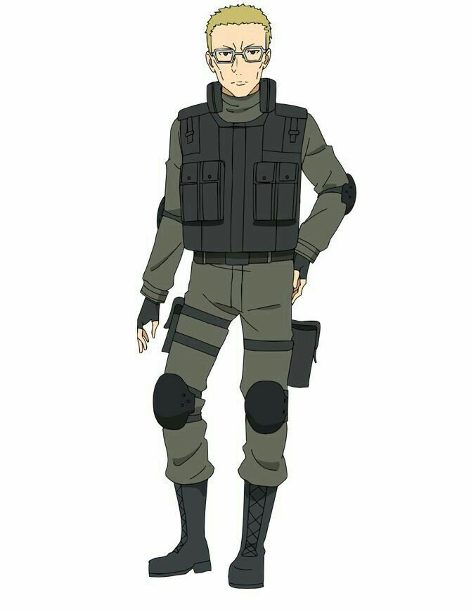 this is an illustration of a male anime character. he is wearing a black tactical vest over a green turtleneck shirt and green tactical pants with black kneepads. he is also wearing black combat boots. he is wearing glasses and has blonde hair.