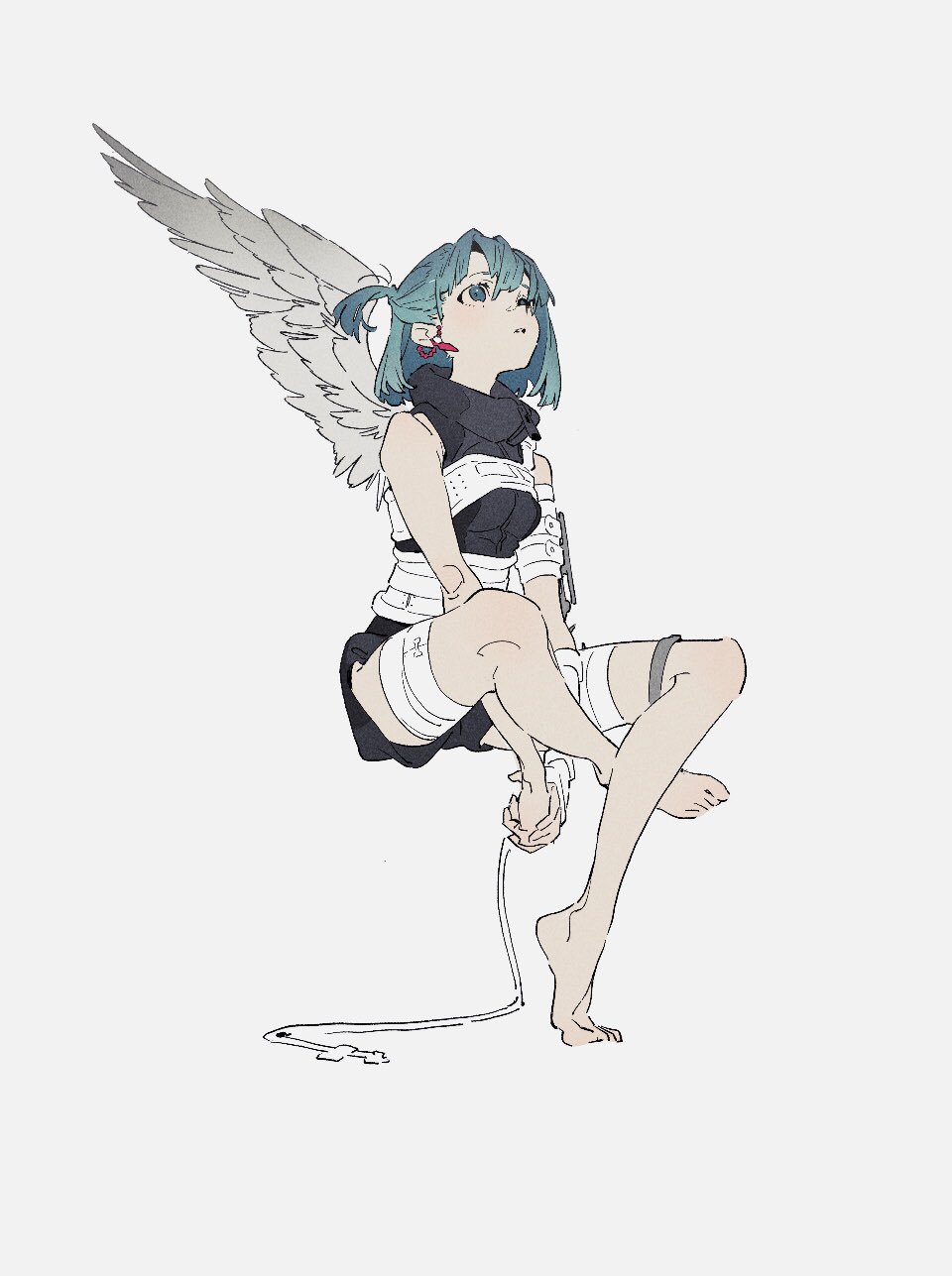 the drawing showcases a young woman with blue hair, styled in a bob cut. she has a single, large, white feathery wing. she is adorned with bandages around her torso, arms, and one leg. she appears to be delicately holding a thin, white string that trails downwards. the style is reminiscent of anime or manga.