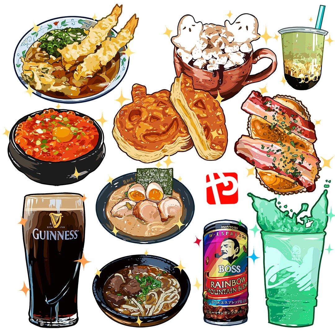 this image is a collection of different food and drinks drawn in a cartoon style. there is ramen, a milk tea, a cup of coffee, pastries, and a glass of guiness.