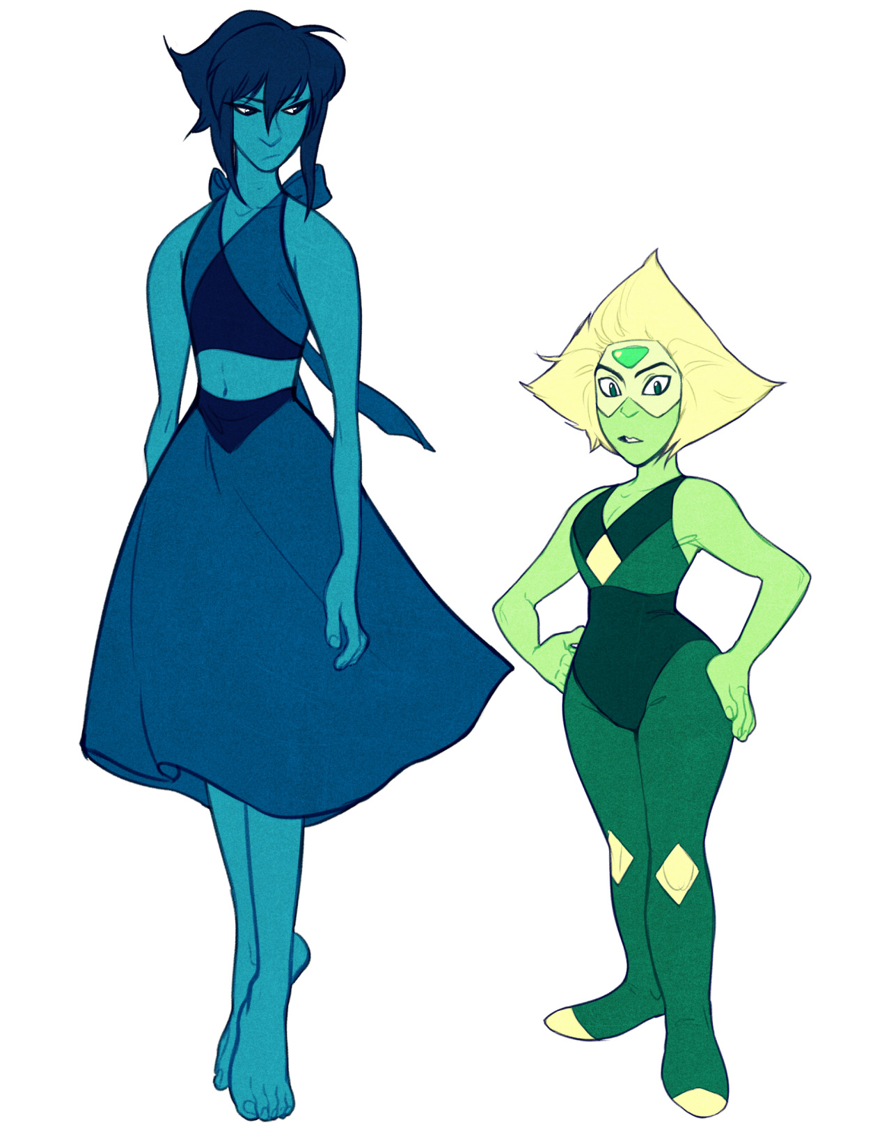 the image shows lapis lazuli and peridot, two characters from steven universe, standing sidebyside. lapis is drawn taller and more mature, wearing a blue halter top and a flowing skirt, while peridot is shorter with a more childlike appearance, sporting a green bodysuit. both characters are drawn in a stylized cartoon manner, with exaggerated features and vibrant colors.