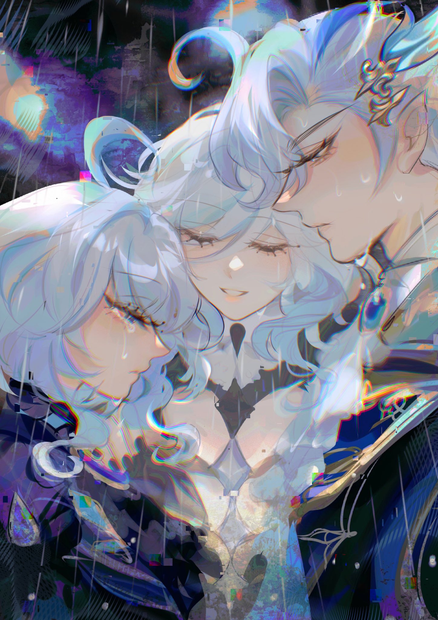 the image is a digital painting or illustration in an anime style. it depicts three women, possibly sisters or close family members, who appear to be grieving or experiencing intense sorrow. they are embraced together, and their faces are shown partially obscured by hair and tears. the overall atmosphere is dark, emotional, and mystical, with a background that suggests rain and some sort of ethereal or magical element. the style of art incorporates elements of abstraction, glitch effects, and a highly textured, almost dreamlike quality. the color palette is predominantly blue, purple, and white, with darker shades contrasting against the lighter ones.