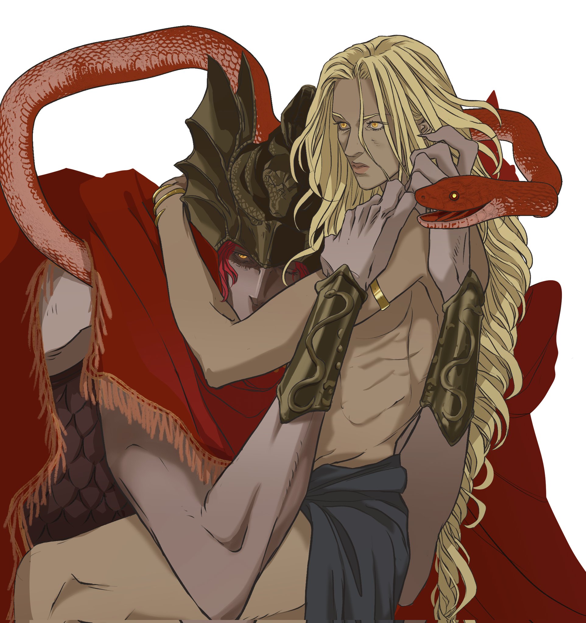 a digital illustration depicting rykard, lord of blasphemy from the video game elden ring, embracing tanith. rykard is shown with his helmet and part of his serpent form, with red hair visible beneath the helmet. tanith, with blonde hair and pale skin, is depicted holding rykard. the embrace appears to be a loving gesture, set against a backdrop of red cloth and fantasy elements.