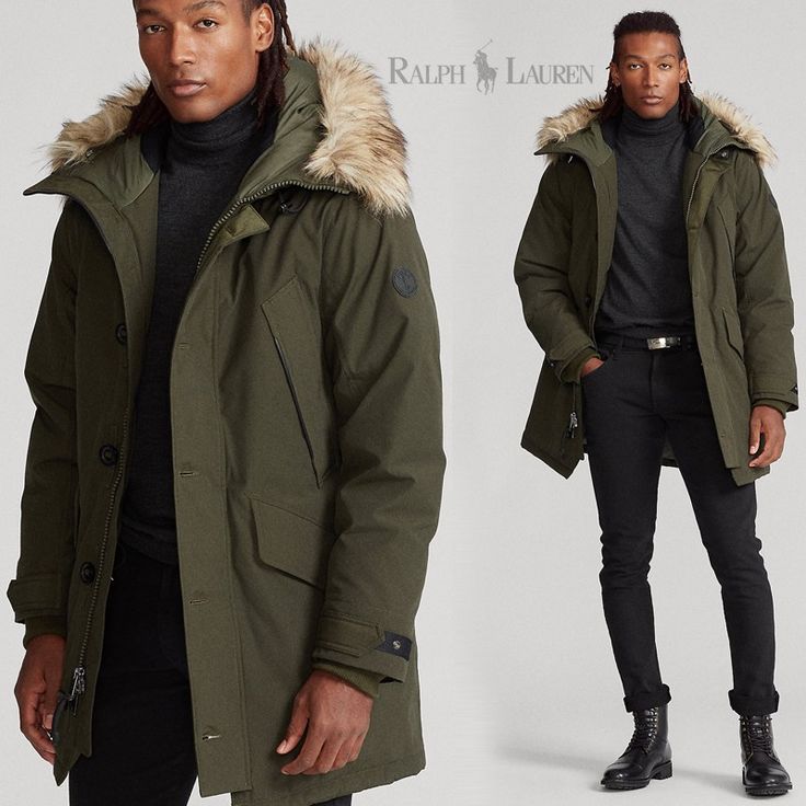 the image shows two different views of a ralph lauren men's olive green parka. the parka features a faux furtrimmed hood, multiple pockets, and a relaxed fit.  one image showcases the coat's details in close up, while another shows a fulllength view of a model wearing the parka with black pants and boots.  the ralph lauren logo is visible in the image.