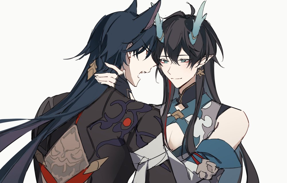 this is a drawing of two anime characters, one with black hair and red eyes, and the other with black hair and blue eyes. they are hugging each other in a romantic embrace. the drawing is done in a soft, pastel style, and the characters look happy and in love. they appear to be close friends or a couple. this artwork represents the theme of love and affection.