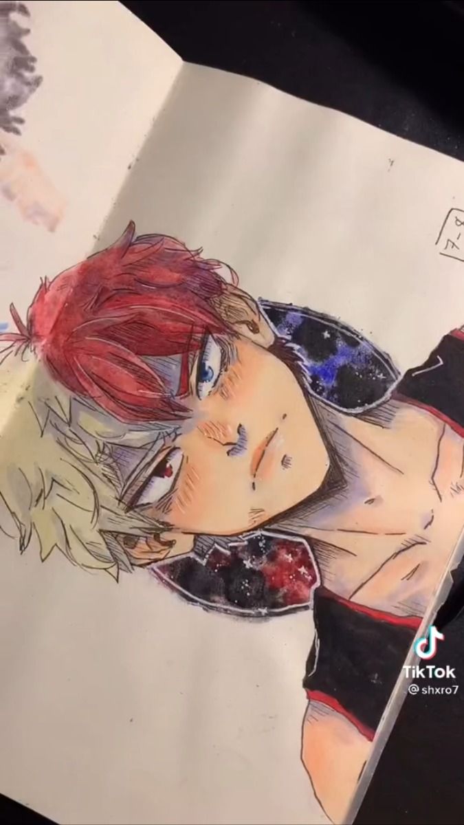 the image shows a detailed colored pencil and possibly watercolor drawing of shoto todoroki, a popular character from the anime and manga series my hero academia (boku no hero academia).  the artwork is done in a style reminiscent of the original manga's art style. todoroki is depicted from the chest up, showing his signature red and white hair, intense gaze, and his hero costume.  the background behind him is a simple offwhite sketchbook page, and the style indicates that the art is created using traditional media on paper. a watermark shows that the art is from tiktok user @shxro7.