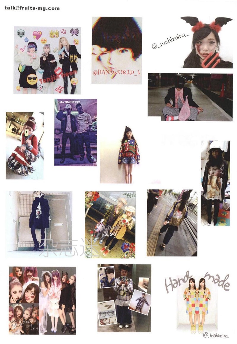 the image is a collage of various photos featuring young people, mostly women, dressed in unique and colorful japanese street fashion. the styles range from decora with lots of accessories to more casual streetwear looks. the photos seem to be taken in different locations, both indoors and outdoors, showcasing a glimpse into the world of japanese youth fashion and culture.  the collage has a handmade feel, with handwritten text on some images and a "handmade" label at the bottom right corner.