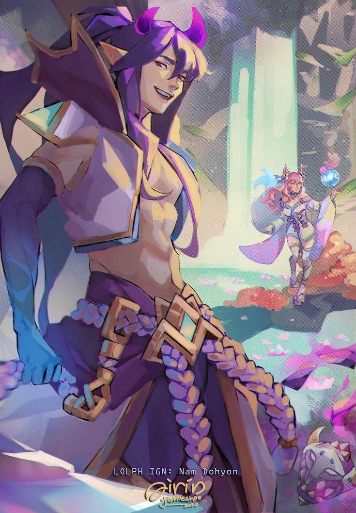the image is a digital painting depicting two stylized anime/manga characters in a fantastical setting. the main focus is a tall, slender male character with purple hair, horns, and elaborate purple and gold clothing.  he has a confident and slightly mischievous expression.  he stands prominently in the foreground, partially obscuring a smaller female character in the background who is dressed in a light pastel kimonolike attire, seemingly holding a glowing orb.  the background features a waterfall and a serene, magicallooking landscape filled with soft pastel colors and floating blossoms. the overall style is whimsical and dreamy, with a focus on rich colors and soft lighting. the artist's signature is visible in the bottom right corner.