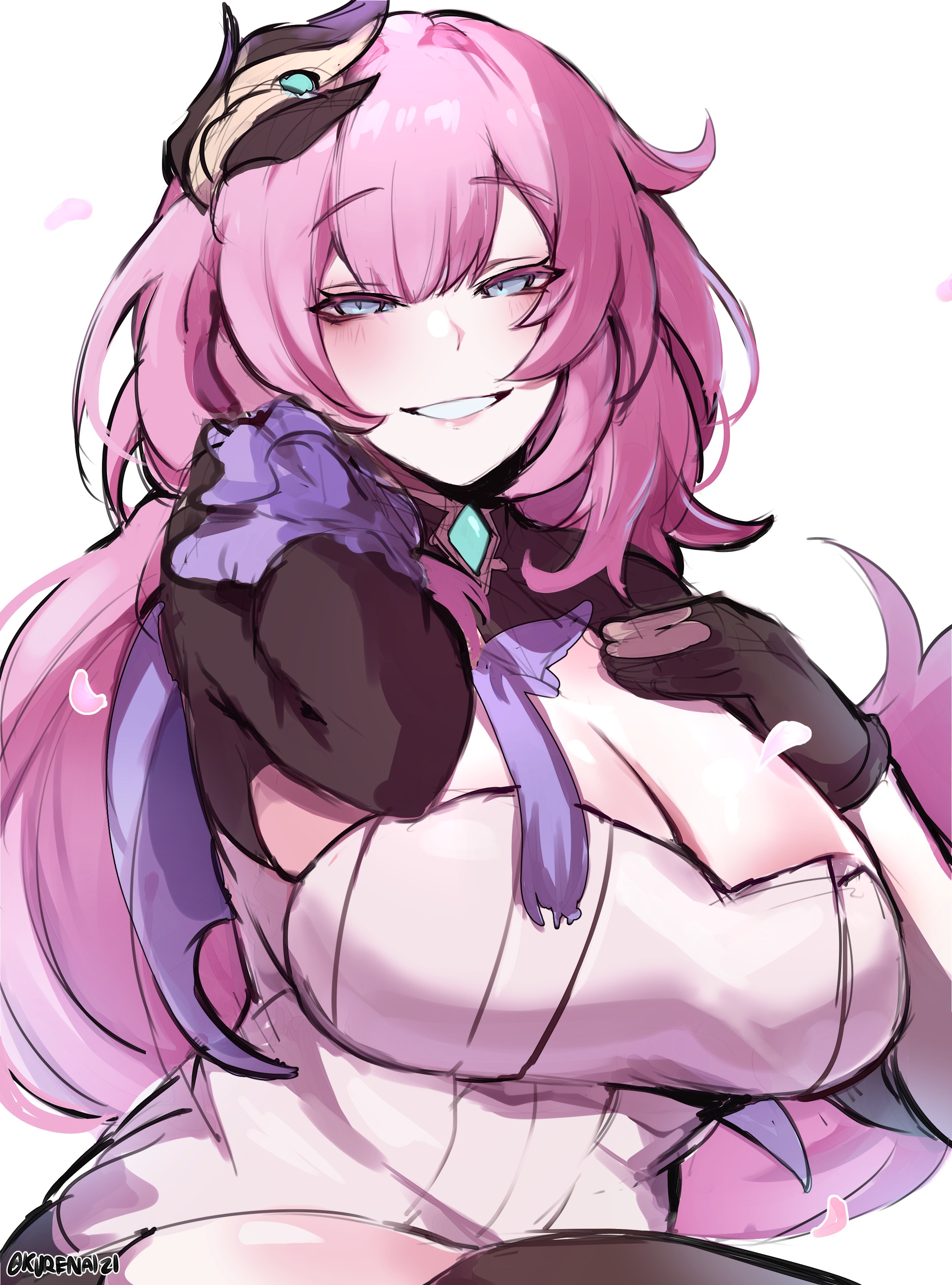 a digital illustration of an anime girl with pink hair wearing a white dress and black gloves, with a cute smile, looking at the viewer. she has a magical girllike appearance, with a crown and other intricate details. she looks friendly and approachable, with a delicate and soft expression. the style of the artwork is vibrant and colorful, emphasizing her charm and cuteness.