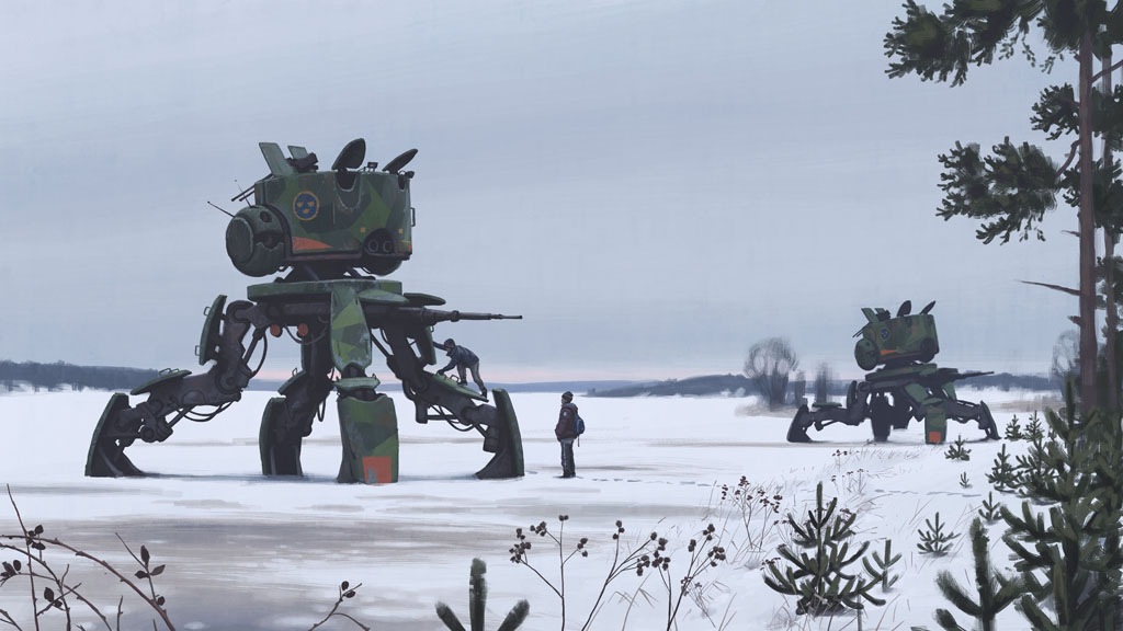 an image of a soldier standing in front of a large mechanical vehicle. the vehicle is on a snowy field. there are trees in the background. the image appears to be a painting with a futuristic/scifi theme.