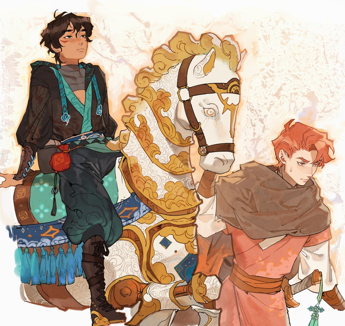 an animestyle illustration depicts two men and a carousel horse. the man on the left has dark hair and is sitting on a decorated object; he is wearing traditional clothing with patterns and boots. to the right is a white and gold ornate carousel horse. the man on the right has red hair, and he is standing with a thoughtful expression wearing a hooded shawl and holding a sword. the overall style is reminiscent of fantasy art.