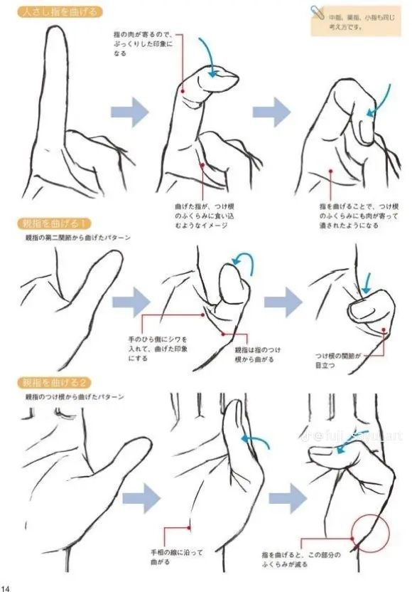 the image displays a drawing tutorial demonstrating various ways to draw hands, specifically focusing on different finger bending positions. there are three different styles, each showing multiple steps of the bending process. the first style focuses on bending the index finger, the second on bending the thumb starting at the second joint, and the third on bending the thumb starting at the base. each set of drawings is accompanied by text (japanese) describing the anatomical changes and visual cues to consider when drawing the bending fingers. arrows indicate the direction of movement and transformation of the fingers in each step.