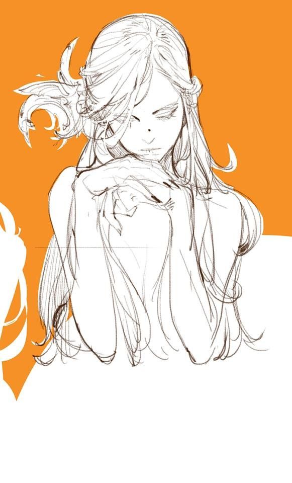 a black and white line drawing of a woman with long hair, sitting with her hands clasped in front of her. her eyes are closed and she has a thoughtful expression. she is wearing a simple, elegant outfit.  the drawing is simple, yet elegant, and conveys a sense of peace and quiet contemplation.