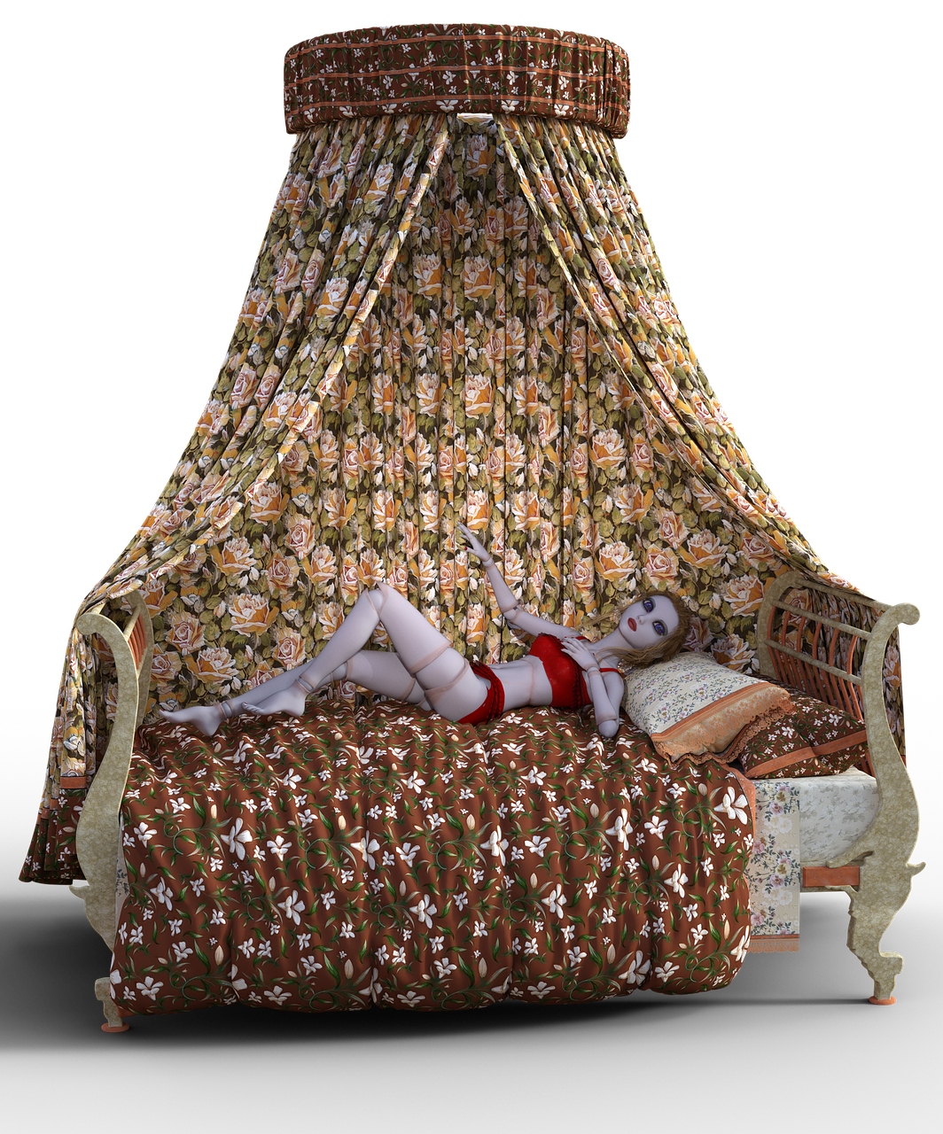 a woman lies on a bed with a canopy. the woman is wearing red lingerie and is posed seductively. the bed is covered in a floral pattern, and there are pillows behind her. the canopy is also decorated with a floral pattern. the overall style of the image is vintage or boudoir. the woman appears to be a doll.