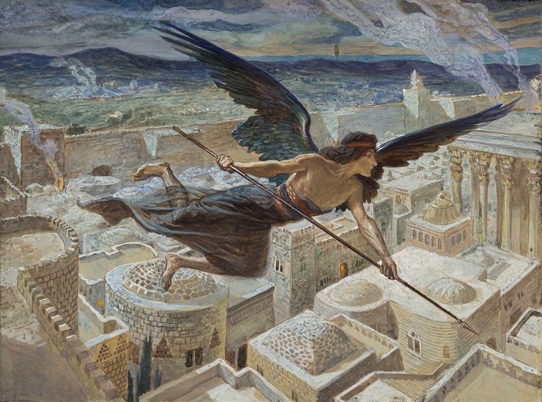 the image is a painting depicting an angel flying over a middle eastern city. the angel, who has dark wings and is holding a long staff, appears to be overseeing destruction within the city, as there is smoke and fire visible. the painting is rendered in a historical style and showcases a detailed cityscape with various buildings and architectural elements. the scene suggests themes of war, mythology, and possibly a religious narrative, likely from the old testament. the angel's presence gives the impression of a supernatural force or a divine intervention amidst the chaos.