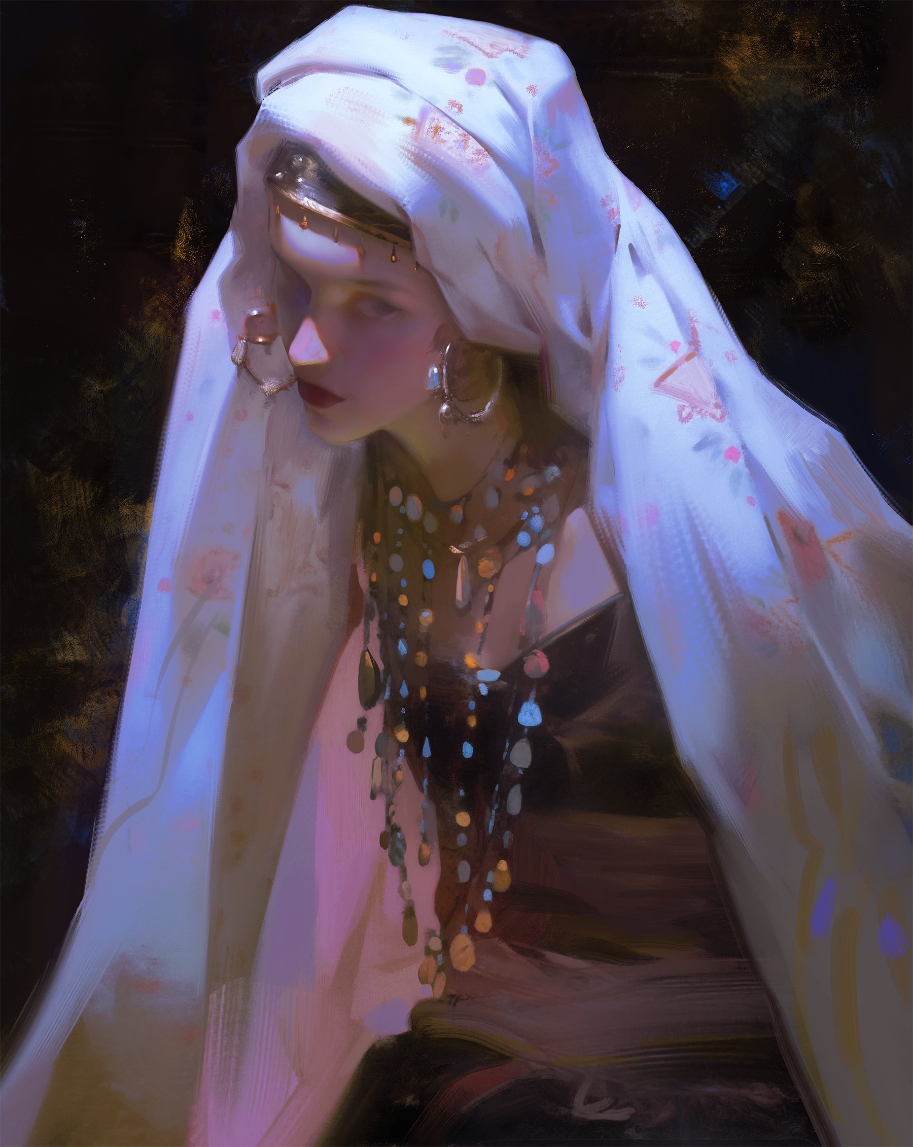 a closeup portrait of a woman with a white head covering adorned with pink flowers, looking down.  her face is partially covered by a thick white scarf that is tied around her head and falls down her back. she is wearing a gold headband and  earrings.  she has a necklace with beads and pendants, and is  looking down with eyes closed. the image is painted in a soft, ethereal style, and has a dreamlike quality to it.