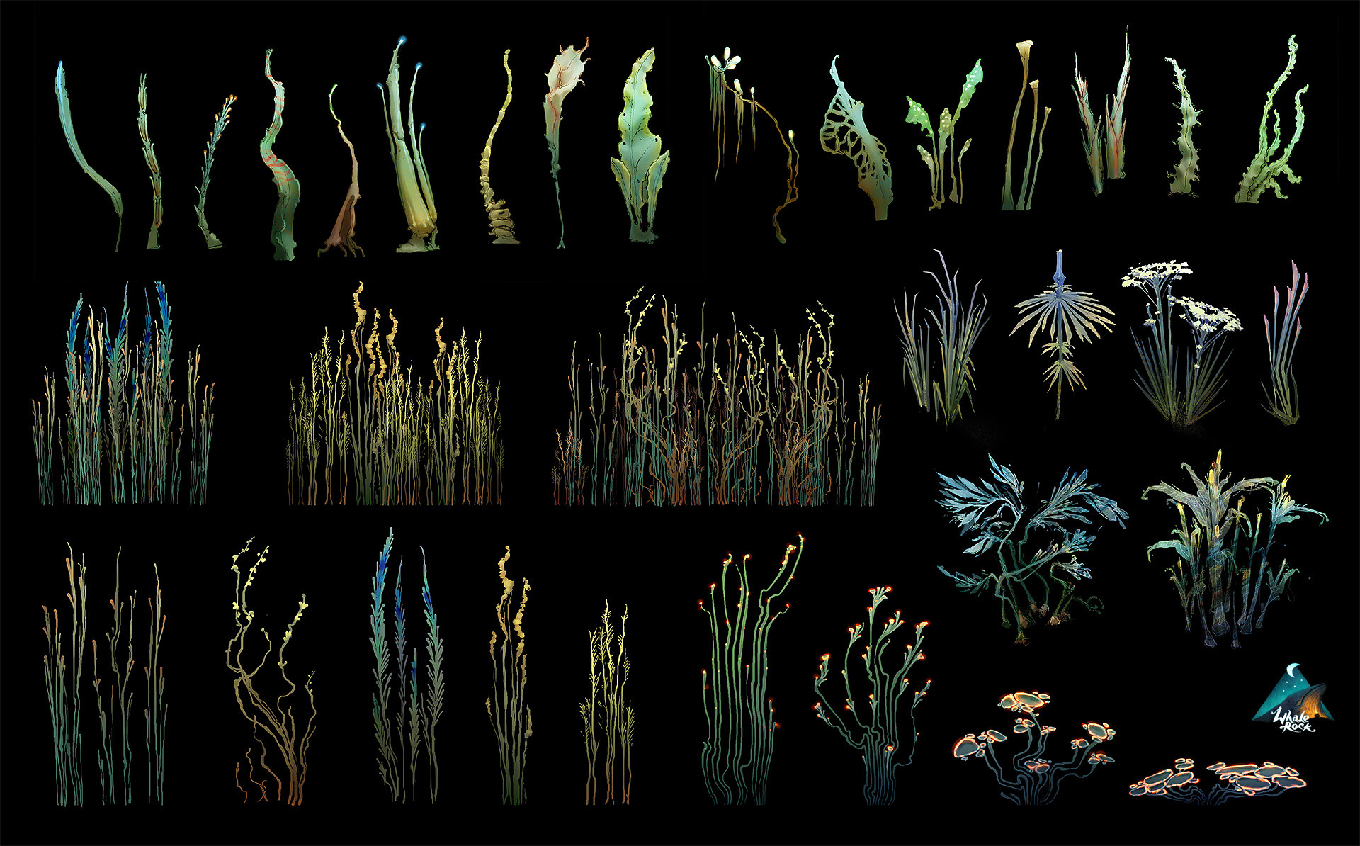 a digital illustration featuring a diverse collection of seaweed and kelp species set against a black background. the artwork showcases a variety of shapes, sizes, and colors, highlighting the intricate details and beauty of these underwater plants.