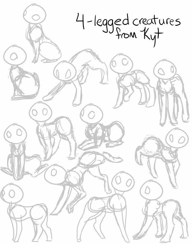 the image consists of several sketches of fourlegged creatures drawn in varying poses. all the creatures share a similar design; they are depicted with round heads, no facial features except for two dots resembling eyes, and thin limbs. most of the creatures are presented in a side profile, with some positioned slightly more towards the front. the sketches are simple and appear to be exploratory in nature, as if experimenting with different poses and body types. the overall style of the image is loose, giving it a sense of movement and fluidity. the line work is predominantly thin, with some areas featuring bolder strokes for emphasis.