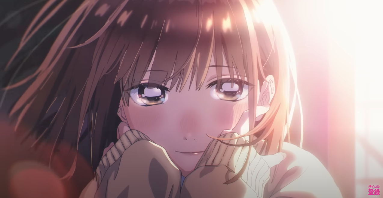 a closeup shot of an animestyle girl with long brown hair, smiling gently.  her cheeks are lightly blushed, and she is wearing a beige sweater.  the background is soft and light, creating a warm and dreamy atmosphere. the overall style is soft and romantic.  a small logo or text in japanese is visible in the bottom right corner.