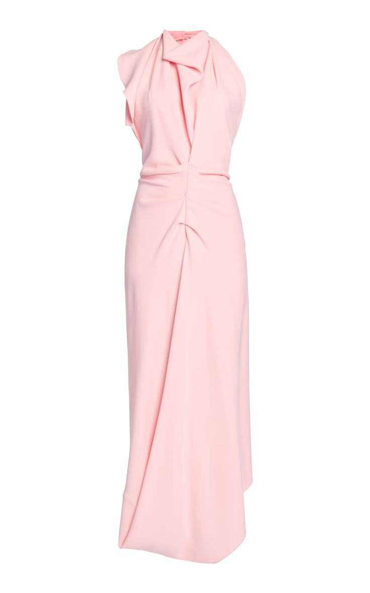 a pink, sleeveless halter dress with a high neck, a ruched bodice, and a draping skirt. the dress is elegant and formfitting, perfect for a summer evening or cocktail party.