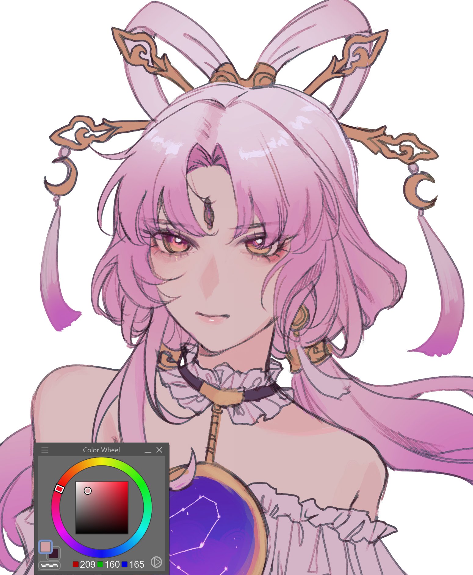 the image is a digital illustration of an anime girl with pink hair. she has a celestialthemed outfit and accessories, including stars, moons, and an ornate necklace. her hair is styled in a long ponytail with intricate decorations. the background is a simple white.