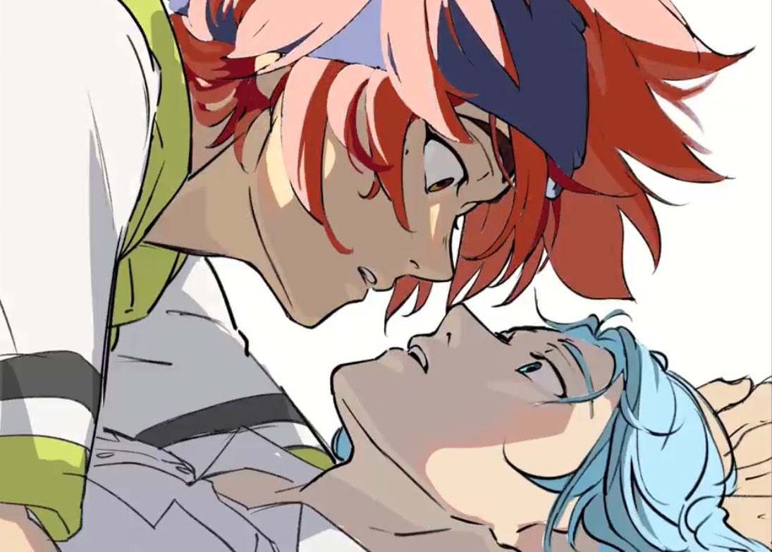 a closeup illustration depicts two animestyle boys in a romantic embrace.  the boy with red hair leans down towards the boy with light blue hair, their faces inches apart and eyes locked. the style is soft yet dramatic, highlighting the intimacy of the moment with soft lighting and expressive eyes. both boys are partially clothed in what looks like casual clothing. the overall mood is romantic and suggestive.