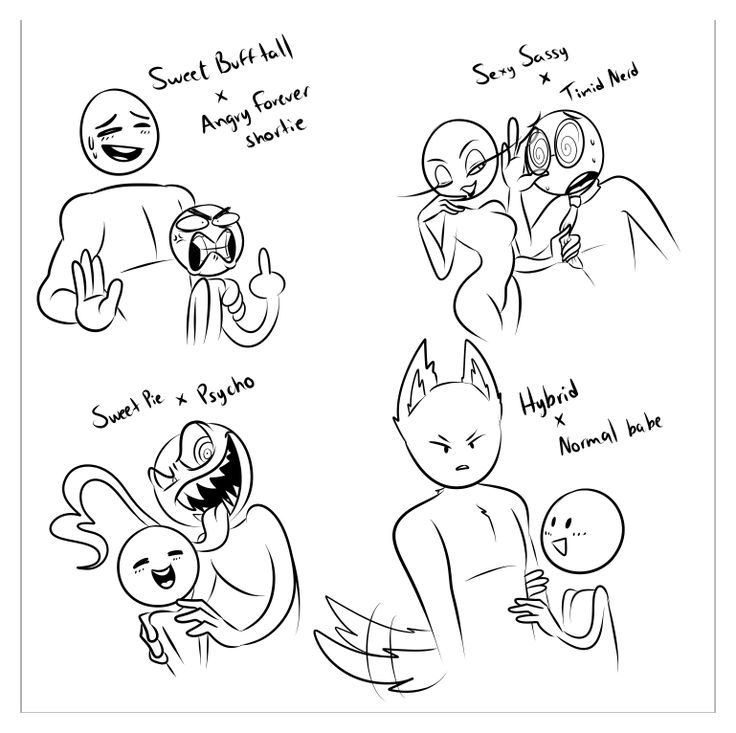 the image contains 4 different sketches of couples. each sketch shows two characters in a playful and sometimes humorous way. the sketches are drawn in black and white and have a simple style. the couples are labeled with names and descriptions, such as "sweet pie x psycho" and "sexy sassy x timid nerd".
