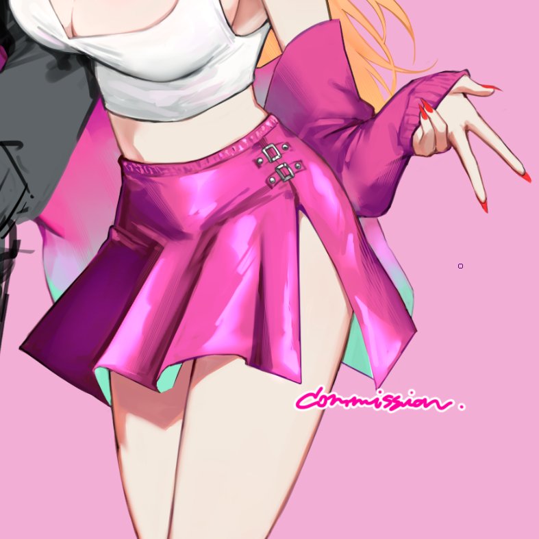this image is a digital illustration of a female anime character. the character has blonde hair that is partially tied back in a ponytail. she is wearing a white tank top, pink jacket, and a hot pink skirt. the character is posing in a dramatic and stylish pose. the illustration has a background of a light pink color.