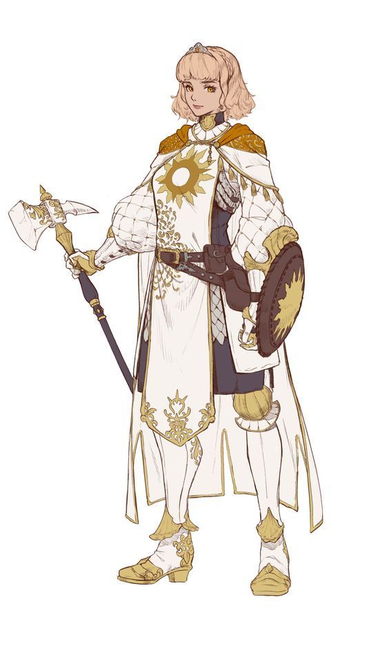 the image is a digital painting or illustration of a female knight. she has blonde hair, wears white armor with gold accents, and carries an axe and a shield. her armor features a prominent sun symbol on the chest. her attire is elegant and detailed, suggesting a noble or holy status. the overall style is fantasythemed, reminiscent of game character art. the background is plain white, focusing all attention on the character. the character's pose is confident and poised.